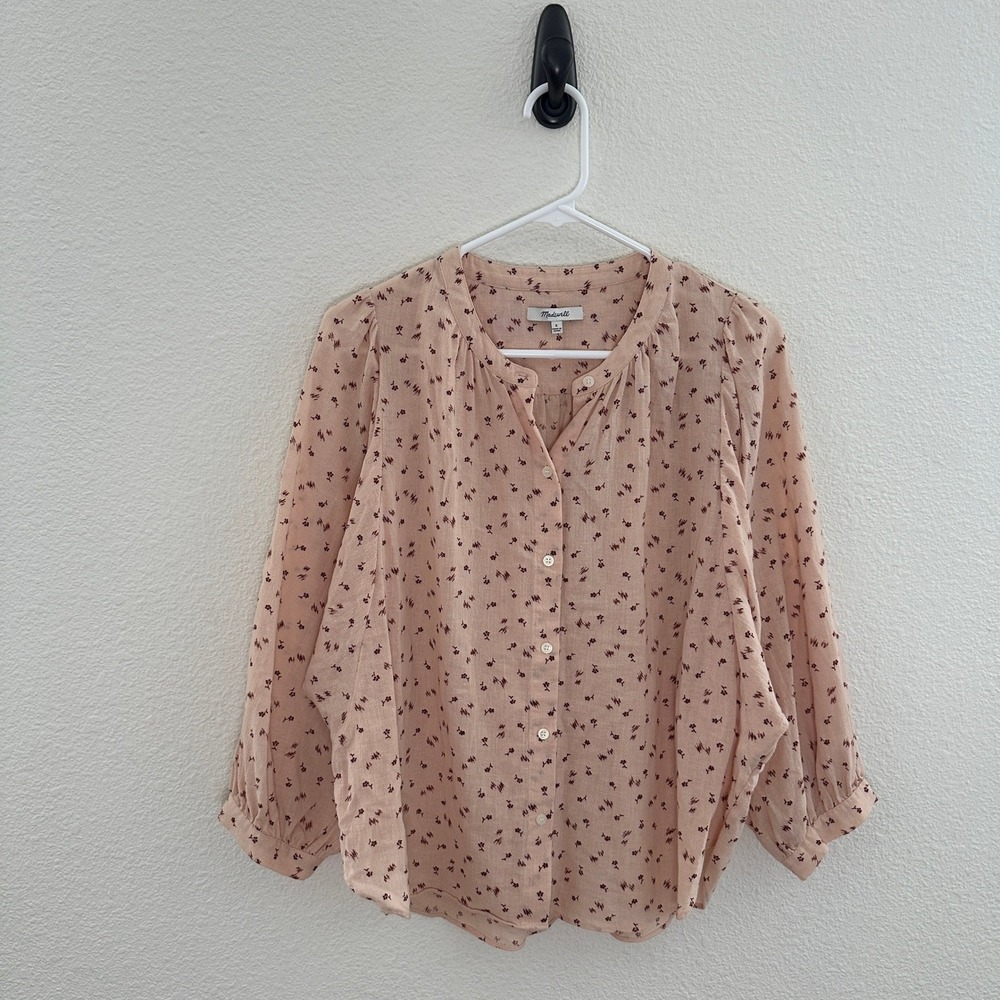 Madwell Button Down Top Womens Small Pink Floral Balloon Sleeve Cotton Blouse